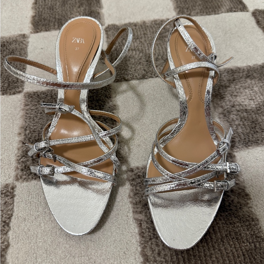 Zara Metallic Silver Strappy Sandals